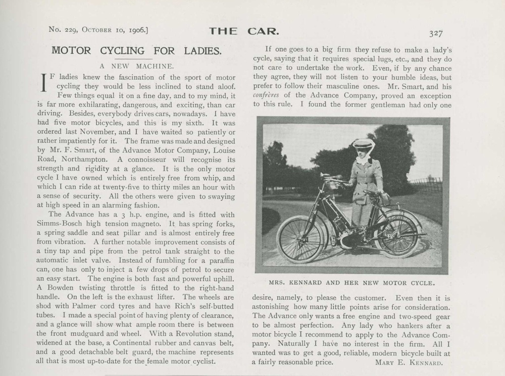 Article from The Car Illustrated magazine about Mary Kennard and 'Motor Cycling For Ladies'