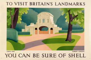 Shell poster number 502, Temple Bar by Edward Scroggie, landscape painting of Sir Christopher Wren's Temple Bar, when it was based at the Hertfordshire estate of Theobalds Park as the entranceway, it has since been rebuilt in Central London.