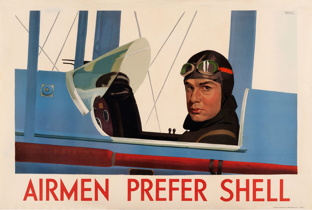 Shell poster number 264, Airmen prefer Shell by Andrew Johnson. Painting of a pilot in close up, sitting in the cockpit of a Gypsy Moth plane.