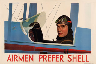 Shell poster number 264, Airmen prefer Shell by Andrew Johnson. Painting of a pilot in close up, sitting in the cockpit of a Gypsy Moth plane.