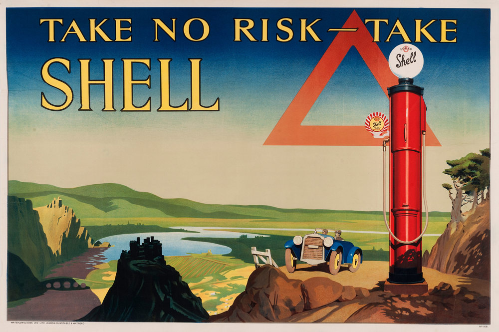 Shell poster number 166, Take no risk - take Shell (1928), no artist given. Painting of a classic car on a hillside over looking a valley. A Shell petrol pump stands in the foreground.