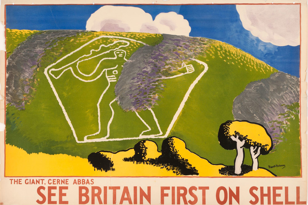 Shell poster number 313, The Giant, Cerne Abbas. A painting of the Cerne Abbas Giant, a naked chalk figure etched into the landscape. . A strategically placed cloud shadow protects his modesty!