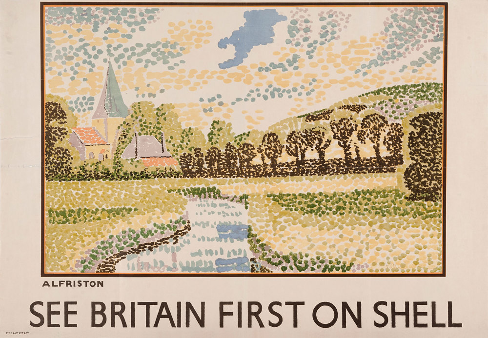 Shell poster number 295, Alfriston by Vanessa Bell in Pointillism style. Landscape scene with church in background.