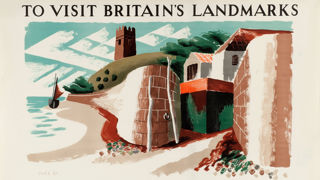 Shell poster number 499, Chanter's Folly, Appledore by Clifford and Rosemary Ellis. Landscape painting of Chanter's Folly and dry dock, showing a church and boat in the distance.