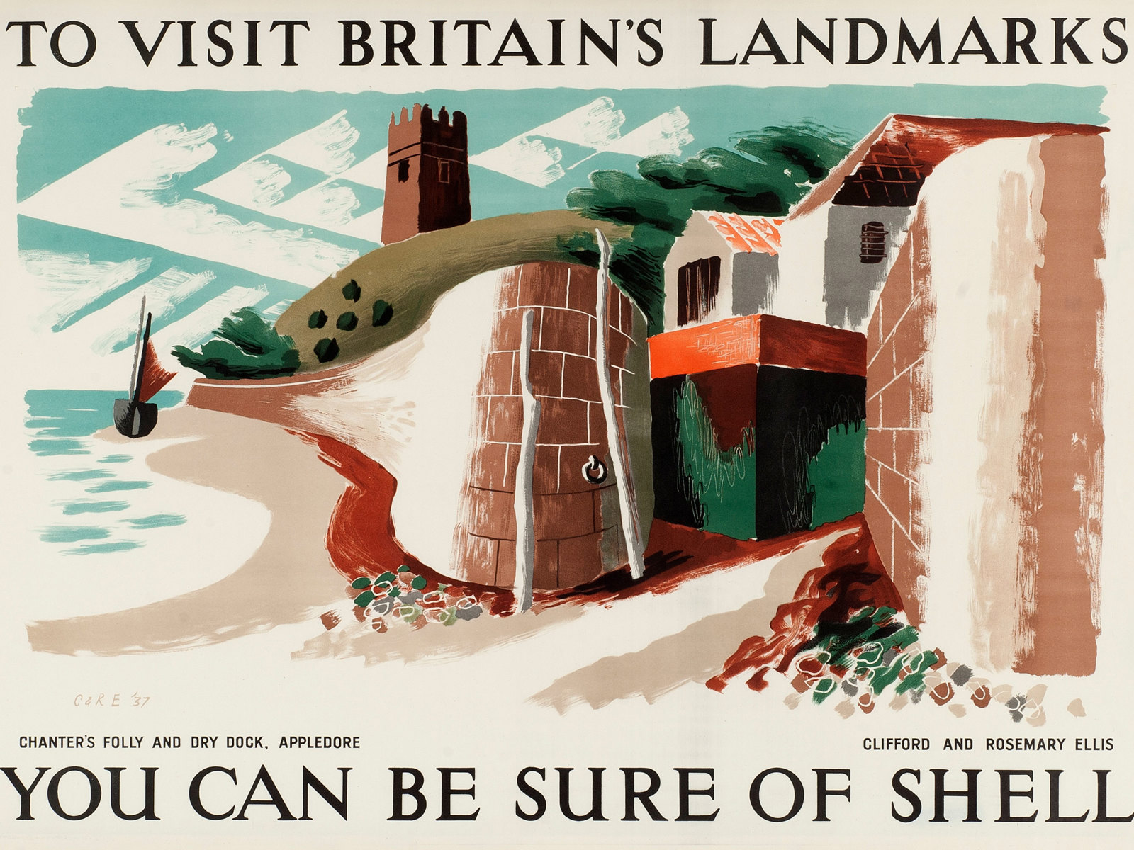 Shell poster number 499, Chanter's Folly, Appledore by Clifford and Rosemary Ellis. Landscape painting of Chanter's Folly and dry dock, showing a church and boat in the distance.