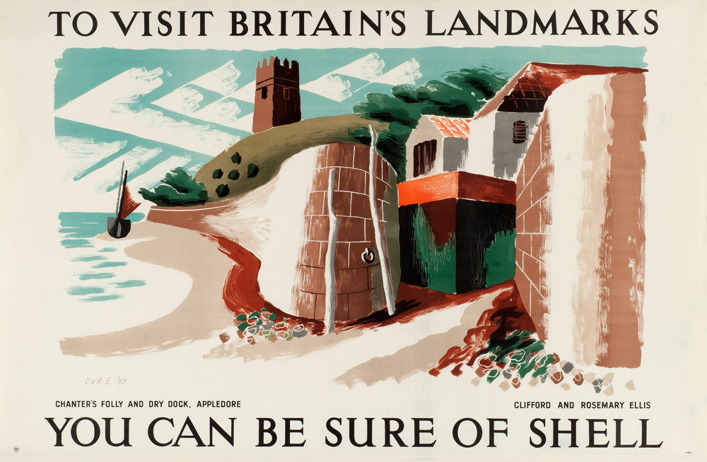 Shell poster number 499, Chanter's Folly, Appledore by Clifford and Rosemary Ellis. Landscape painting of Chanter's Folly and dry dock, showing a church and boat in the distance.