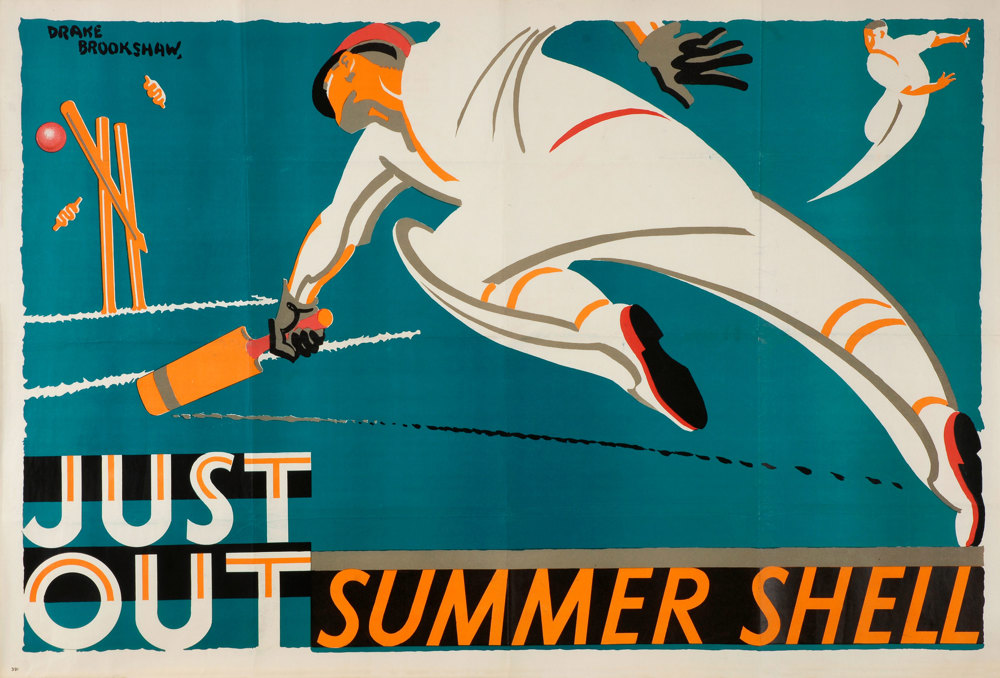 Shell poster number 391, Just Out, Summer Shell by Percy Drake Brookshaw. Stylised painting of a cricketer being hit out as the ball hits the stumps, with the bowler in the background.