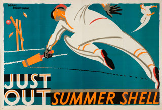 Shell poster number 391, Just Out, Summer Shell by Percy Drake Brookshaw. Stylised painting of a cricketer being hit out as the ball hits the stumps, with the bowler in the background.