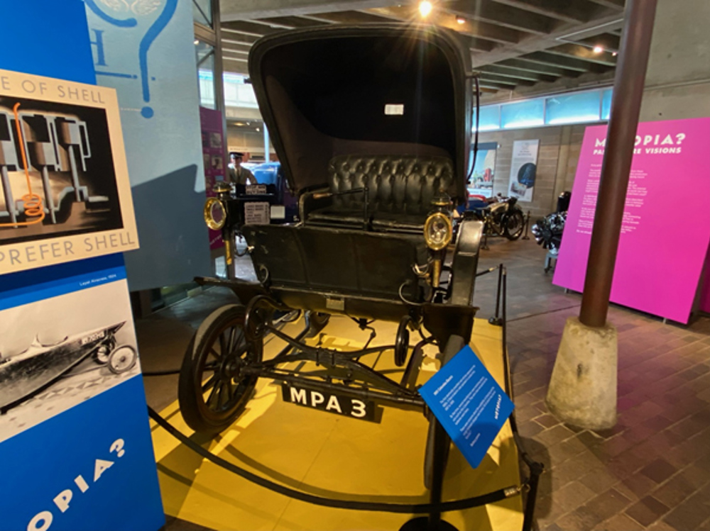 1901 Columbia Electric displayed in the Motopia exhibition at the National Motor Museum