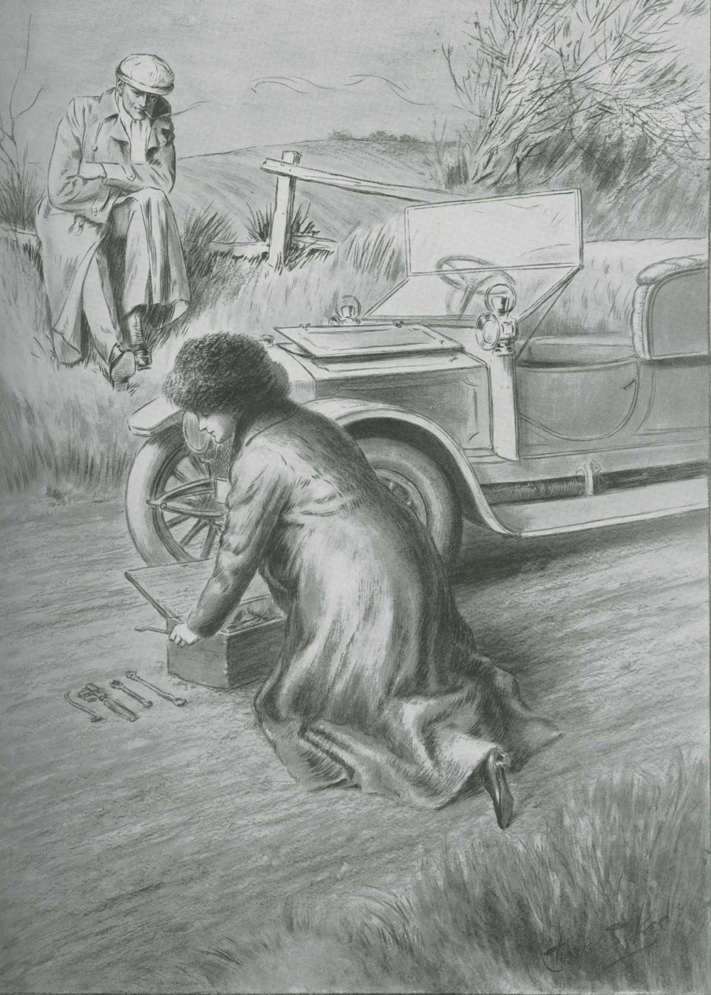 Illustration of a woman fixing her car while a man watches from The Car Illustrated Magazine