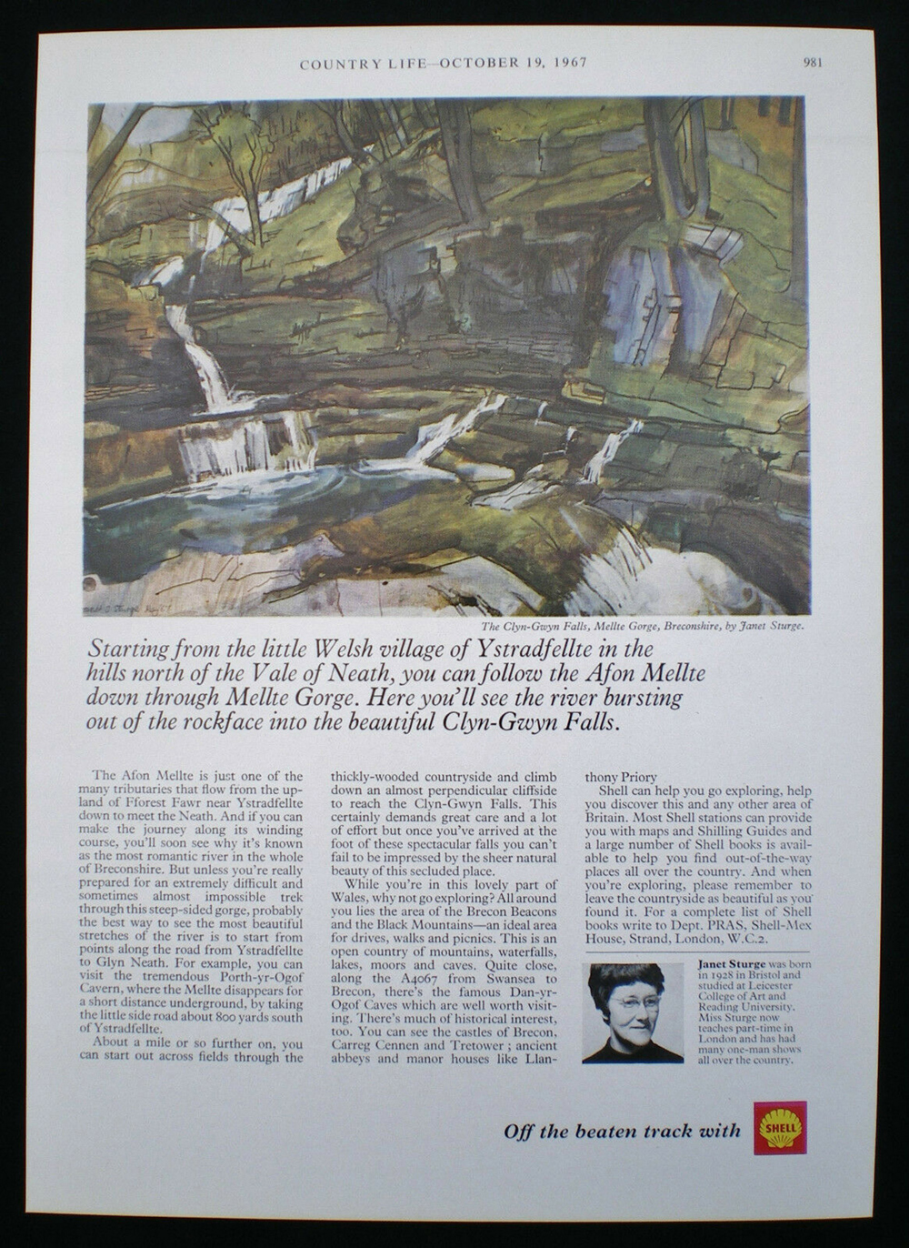 Press advertisement for Country Life October 1967, featuring the painting 'Clyn-Gwyn Falls' by Janet Sturge.