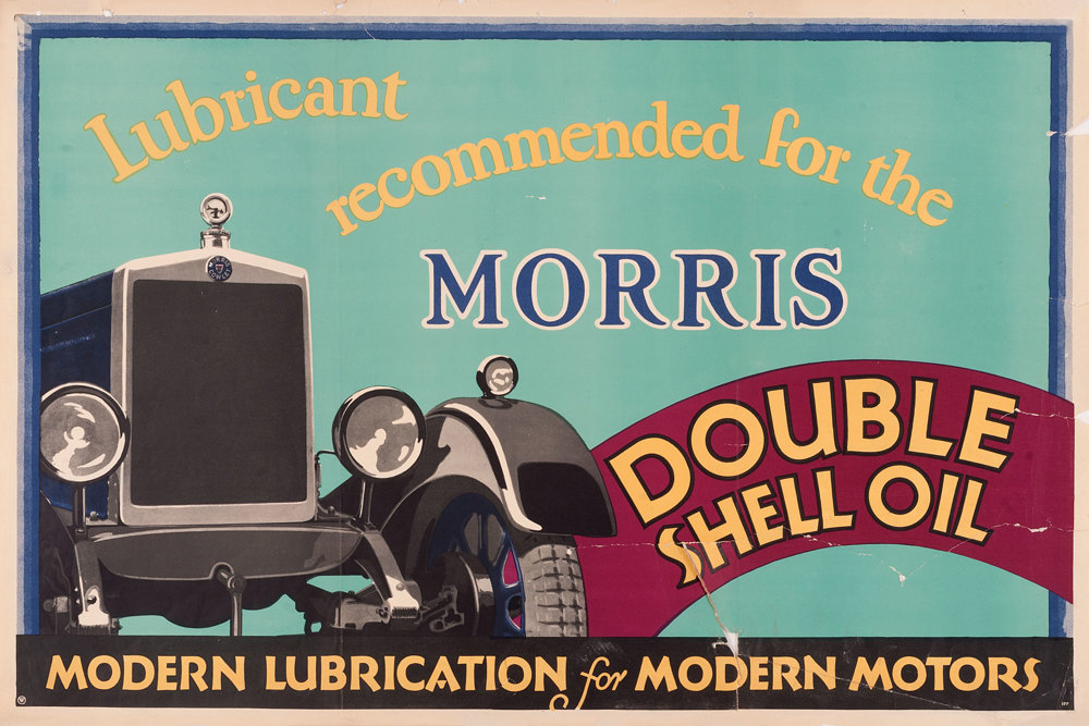 Shell poster number 177, Recommended for the Morris (1928), no artist given. Painting of the front of a Morris car with the caption; "Lubricant recommended for the Morris, double Shell Oil, Modern Lubrication for Modern Motors."