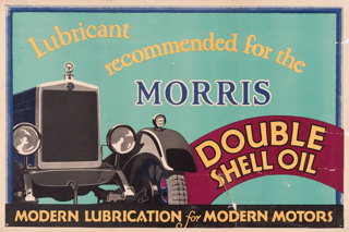 Shell poster number 177, Recommended for the Morris (1928), no artist given. Painting of the front of a Morris car with the caption; "Lubricant recommended for the Morris, double Shell Oil, Modern Lubrication for Modern Motors."