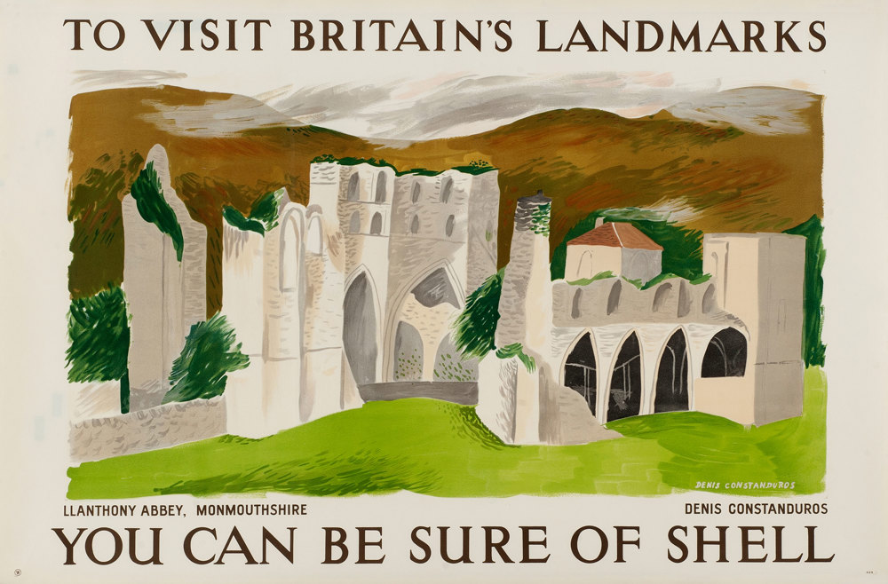 Shell poster number 498, Llanthony Abbey, Monmouth by Denis Constanduros. Landscape painting of Lllanthony Abbey.