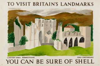 Shell poster number 498, Llanthony Abbey, Monmouth by Denis Constanduros. Landscape painting of Lllanthony Abbey.