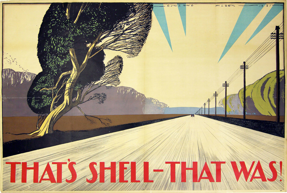 Shell poster number 297, That's Shell That Was (road and car) by Rowland Hilder. Painting of a car disappearing into the distance, a wind battered tree is at the forefront of the image.