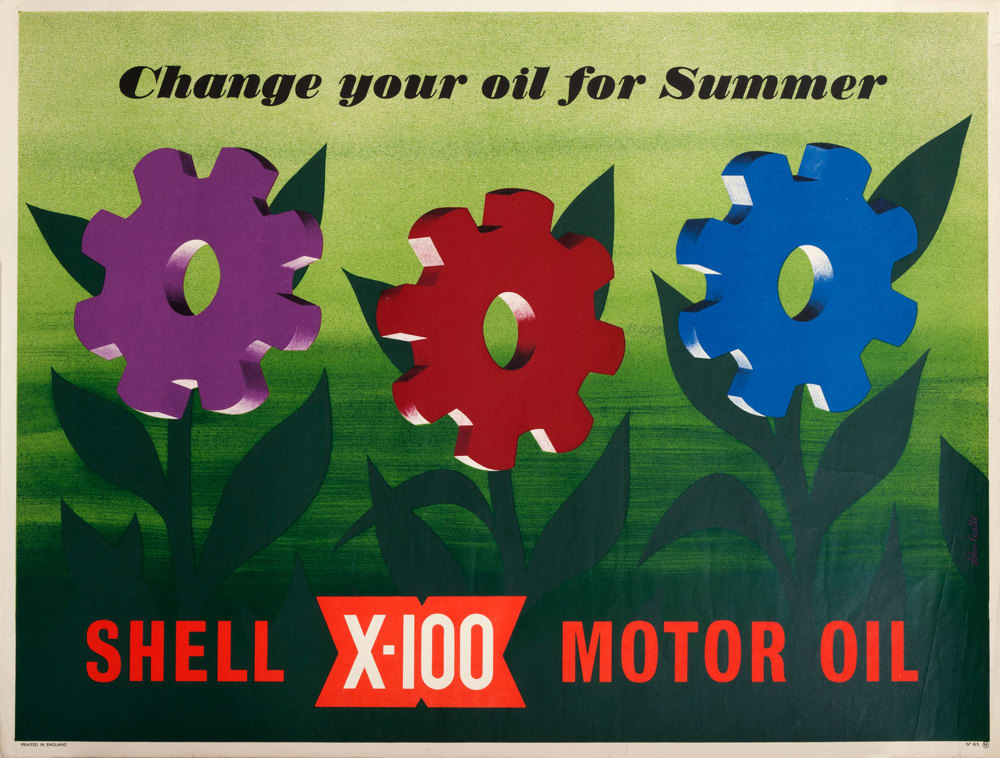 Shell poster number 1565, Change your oil for summer by John Castle. Keen to reintroduce the Shell name back into Britain after the war, Shell devised and launched their new lubricant, X-100 in 1949. Marketed as a new superior lubricant, nothing like X-100 had been seen before. Poster shows stylised flowers with coloured cogs as flower heads.