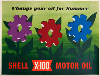 Shell poster number 1565, Change your oil for summer by John Castle. Keen to reintroduce the Shell name back into Britain after the war, Shell devised and launched their new lubricant, X-100 in 1949. Marketed as a new superior lubricant, nothing like X-100 had been seen before. Poster shows stylised flowers with coloured cogs as flower heads.