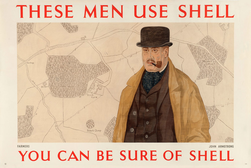 Shell poster number 538, Farmers use Shell (1939) by John Armstrong. Painting of a farmer in a bowler hat, coat and cravat, smoking a pipe.