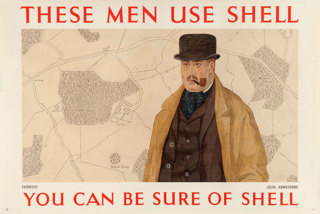 Shell poster number 538, Farmers use Shell (1939) by John Armstrong. Painting of a farmer in a bowler hat, coat and cravat, smoking a pipe.