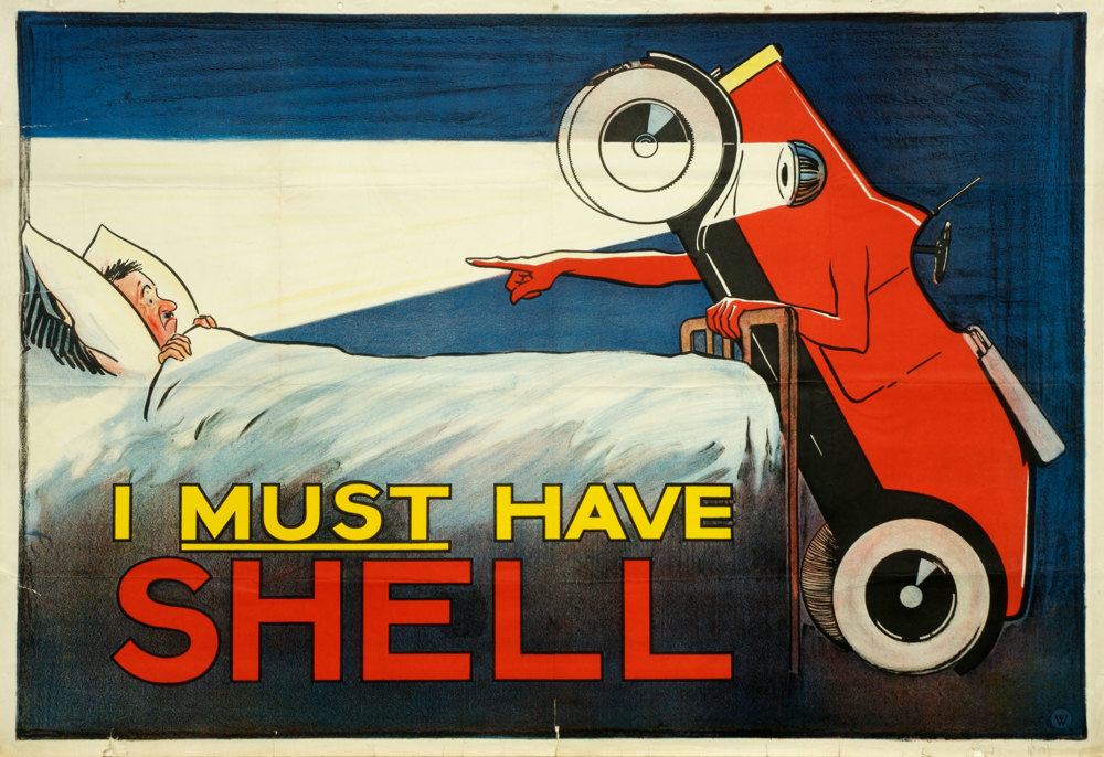 Shell poster number 106, Man in bed and car (1925) I must have Shell", artist not given. Painting of a man in a bed, an anthropomorphic car is at the end of the bed pointing at him.