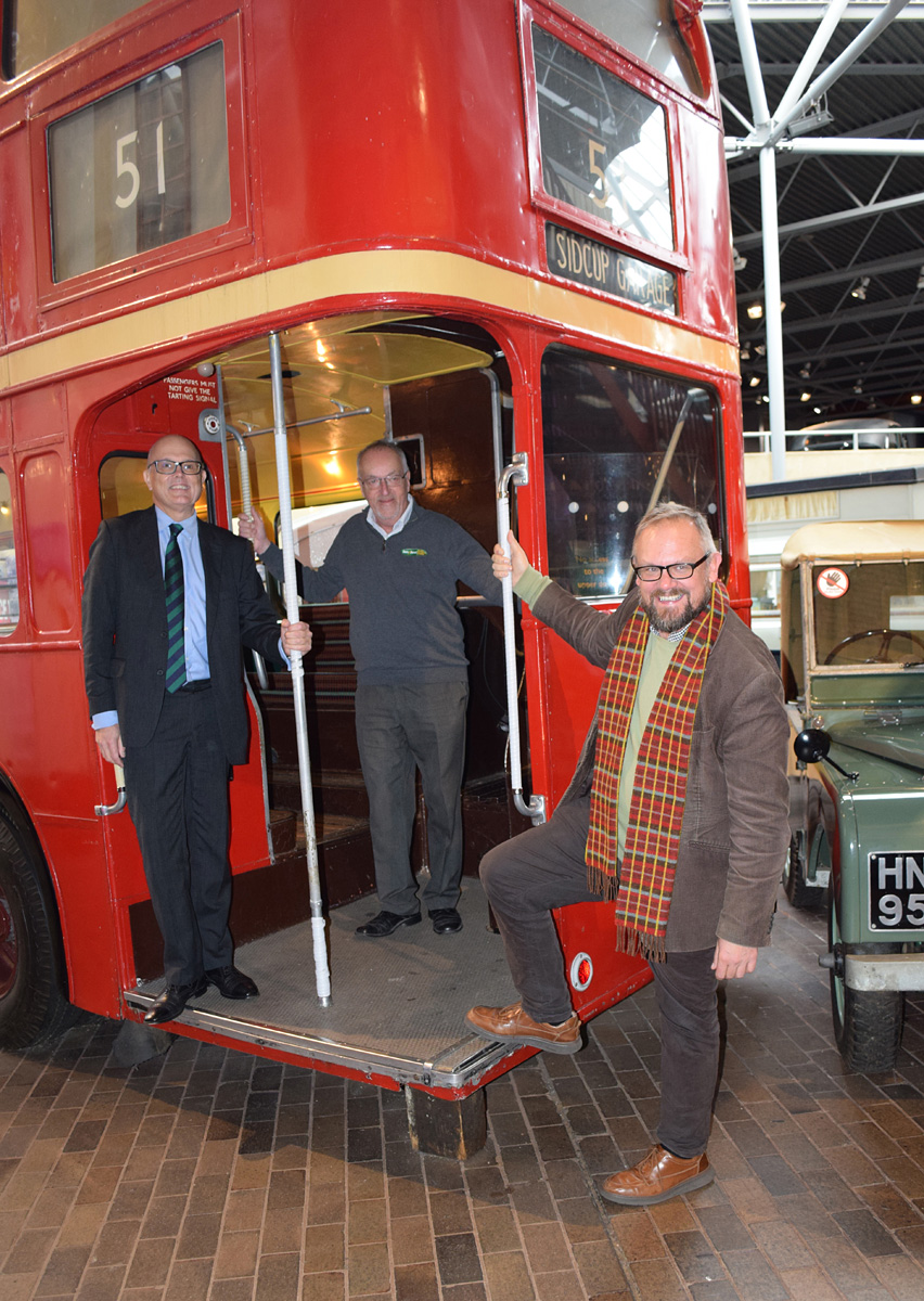 Andrew Wickham, Managing Director of Go South Coast and Dave Clack Hants and Dorset Trim Manager with Jon Murden, National Motor Museum Chief Executive at the museum’s iconic red AEC Regent III RT bus. Hants and Dorset have refurbished the seats on the bus.