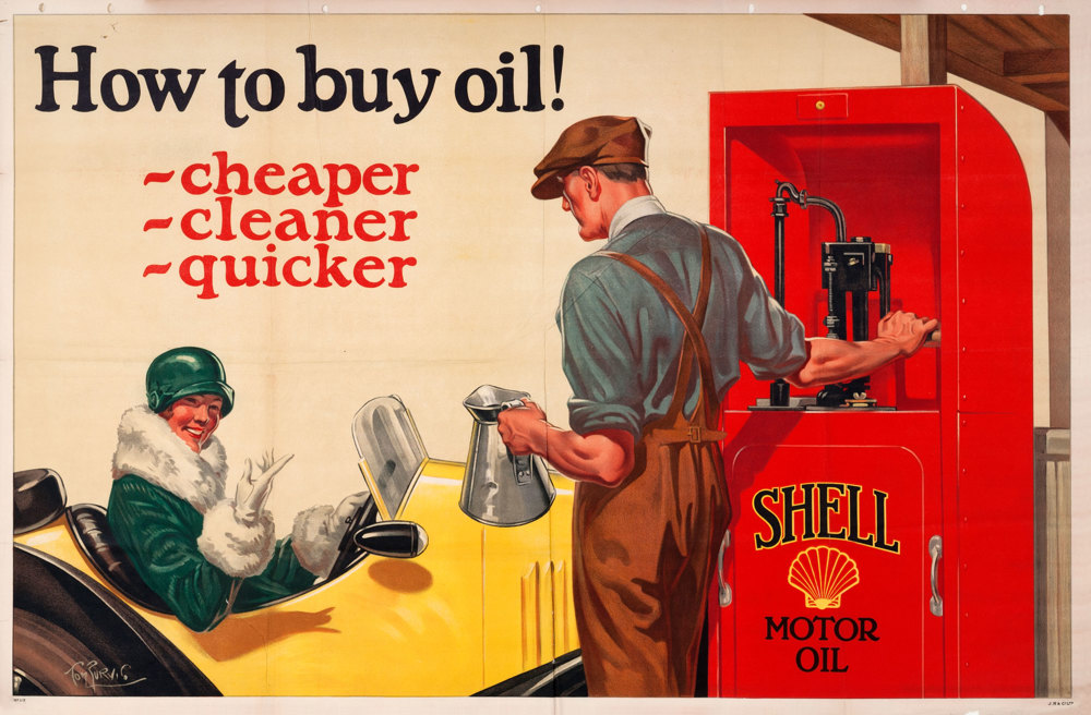 Shell poster number 117, Pump Attendant and Car (How to buy oil) by Tom Purvis (1925). Painting of a man with an oil can next to a Shell sealed cabinet, a female motorists seated in her car smiles at him.