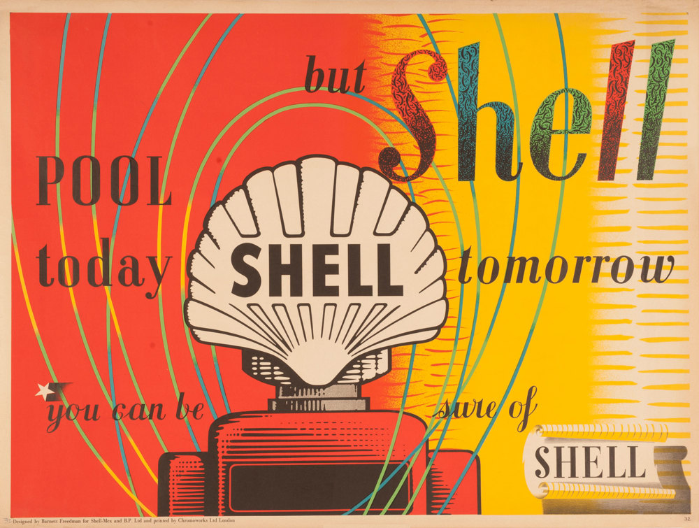 Shell poster number 1532, Pool Today but Shell Tomorrow (1952) by Barnett Freedman. Poster to celebrate the end of rationing using oranges and yellows, with an illustration of the top of a Shell Petrol pump.