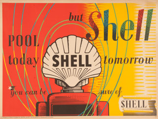 Shell poster number 1532, Pool Today but Shell Tomorrow (1952) by Barnett Freedman. Poster to celebrate the end of rationing using oranges and yellows, with an illustration of the top of a Shell Petrol pump.