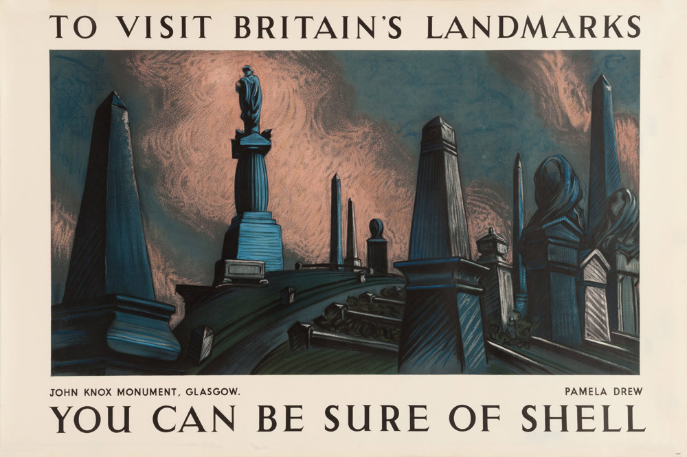 Painting 'John Knox Monument' by Pamela Drew, 1936, part of the 'You Can Be Sure Of Shell' advertising campaign