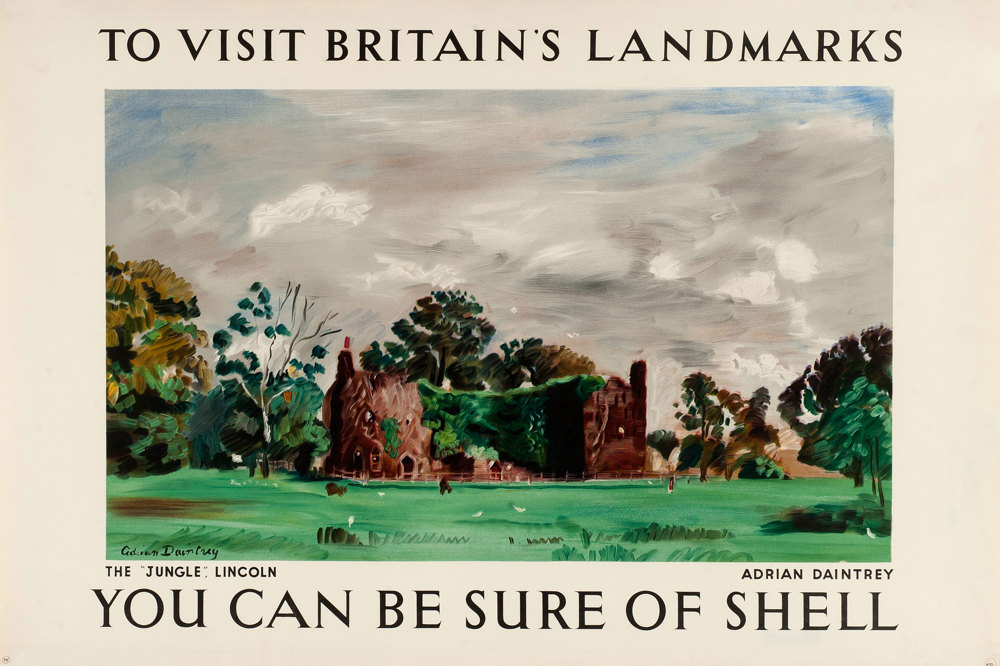 Shell poster number 470, The "Jungle", Lincoln by Adrian Daintrey. Landscape painting of an early 19th century Lincolnshire folly.