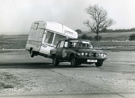 Peter Smith pushes his Triumph 2.5 PI and Swift Silhouette outfit to the max at the 1976 Caravan Road Rally.