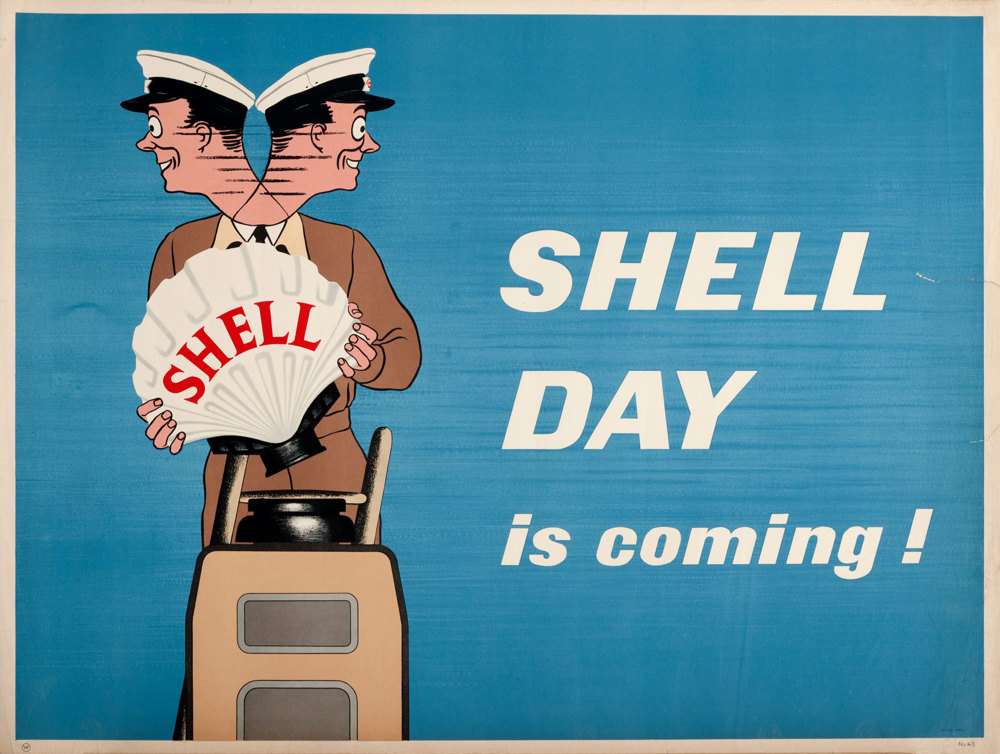 Shell poster number 1545, Shell Day is coming! (1952) by George Ayers. Poster shows man quickly looking left and right (so appearing to have two heads), holding a shell logo alongside the text: "Shell Day is coming!". Petrol was rationed during WWII and oil companies pooled resources. Shell began to advertise the day that they could sell their branded products again as ‘Shell Day’.