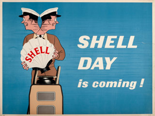 Shell poster number 1545, Shell Day is coming! (1952) by George Ayers. Poster shows man quickly looking left and right (so appearing to have two heads), holding a shell logo alongside the text: "Shell Day is coming!". Petrol was rationed during WWII and oil companies pooled resources. Shell began to advertise the day that they could sell their branded products again as ‘Shell Day’.
