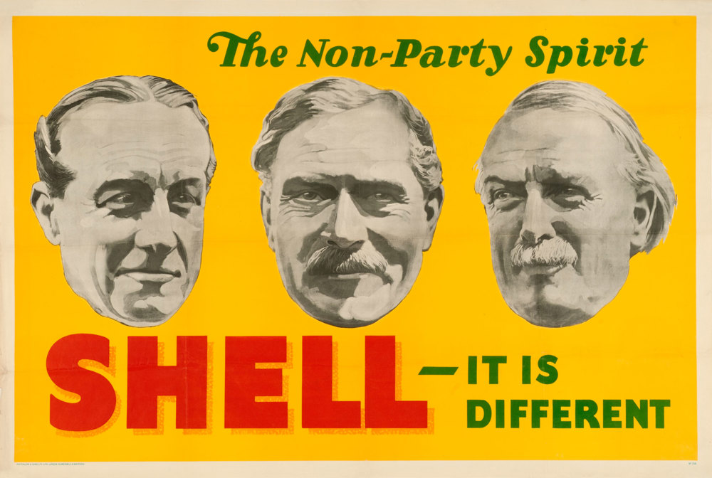 Shell poster number 216, The non-party spirit, no artist given. Poster shows black and white heads of Stanley Baldwin, Ramsay McDonald and Lloyd George. The wording beneath them reads; "Shell - it is different".