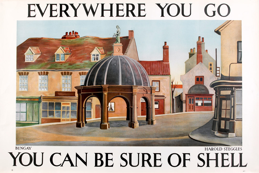 Shell poster number 417, Bungay by Harold Steggles. Painting of the town centre, showing the Buttercross and surrounding buildings.