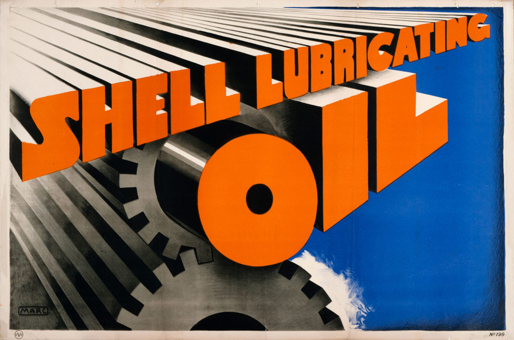 Shell poster number 199, Shell lubricating oil by Marc. Painting shows the words "Shell Lubricating Oil" in orange on a background of cogs.