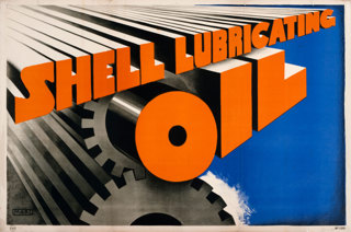 Shell poster number 199, Shell lubricating oil by Marc. Painting shows the words "Shell Lubricating Oil" in orange on a background of cogs.