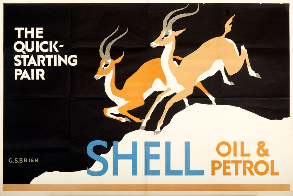 Shell poster number 221, Chamois by G.S. Brien. Painting of two leaping gazelles, caption reads; "The quick-starting pair".