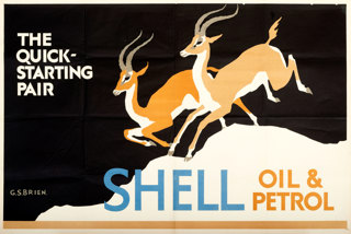 Shell poster number 221, Chamois by G.S. Brien. Painting of two leaping gazelles, caption reads; "The quick-starting pair".