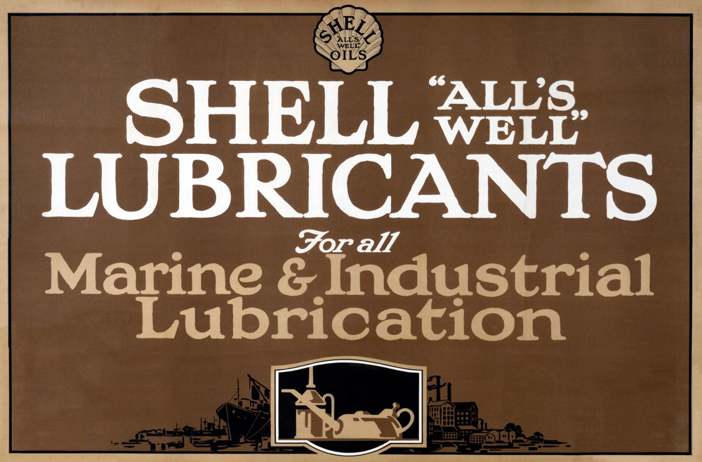 Shell poster number 33c, Marine and Industrial Lubrication (1922) by Shell Studio. Illustration shows oil cans in front of a marine/industrial background.