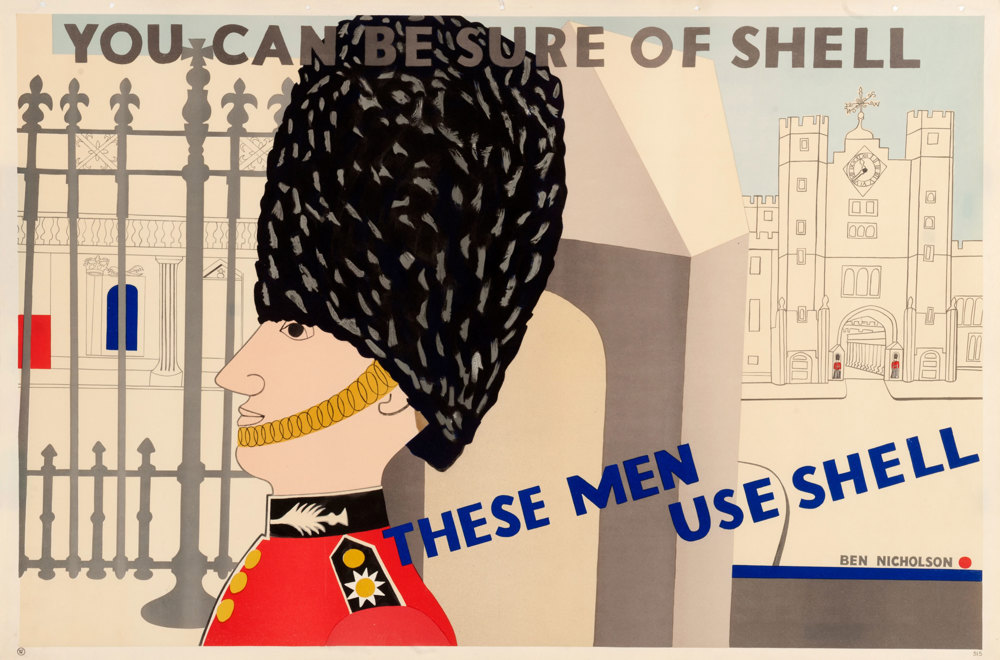 Shell poster number 515, Guardsmen use Shell by Ben Nicholson. Painting of a guard in a bear skin busby with a palace in the background.