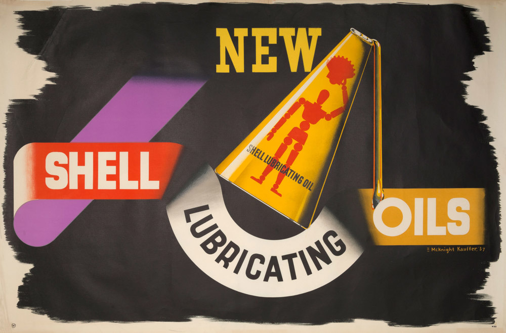 Shell poster number 483, New Shell lubricating oils by Edward McKnight Kauffer. Painting shows an oil can decorated with a red figure holding a shell above it's head.