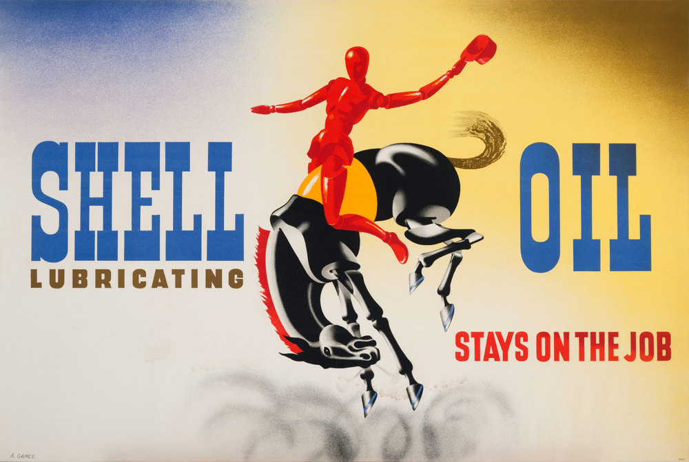 Shell poster number 540, Shell oil stays on the job (1939) by Abram Games. Painting shows red figure riding a bucking horse.