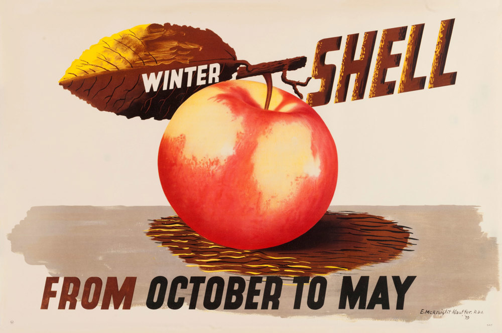 Shell poster number 547, Winter Shell from October to May (1939) by Edward McKnight Kauffer. Poster shows a red apple with the wording: "Winter Shell from October to May." This was the last lorry poster produced before the war. It was printed but unused owing to outbreak of World War II in September 1939.