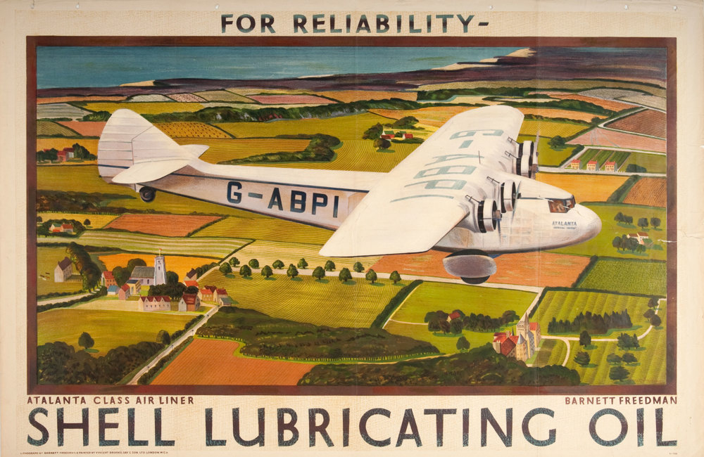 Shell poster number 338, Atalanta Class airliner by Barnett Freedman. Painting of of a four engine airliner flying over fields and a coastline.