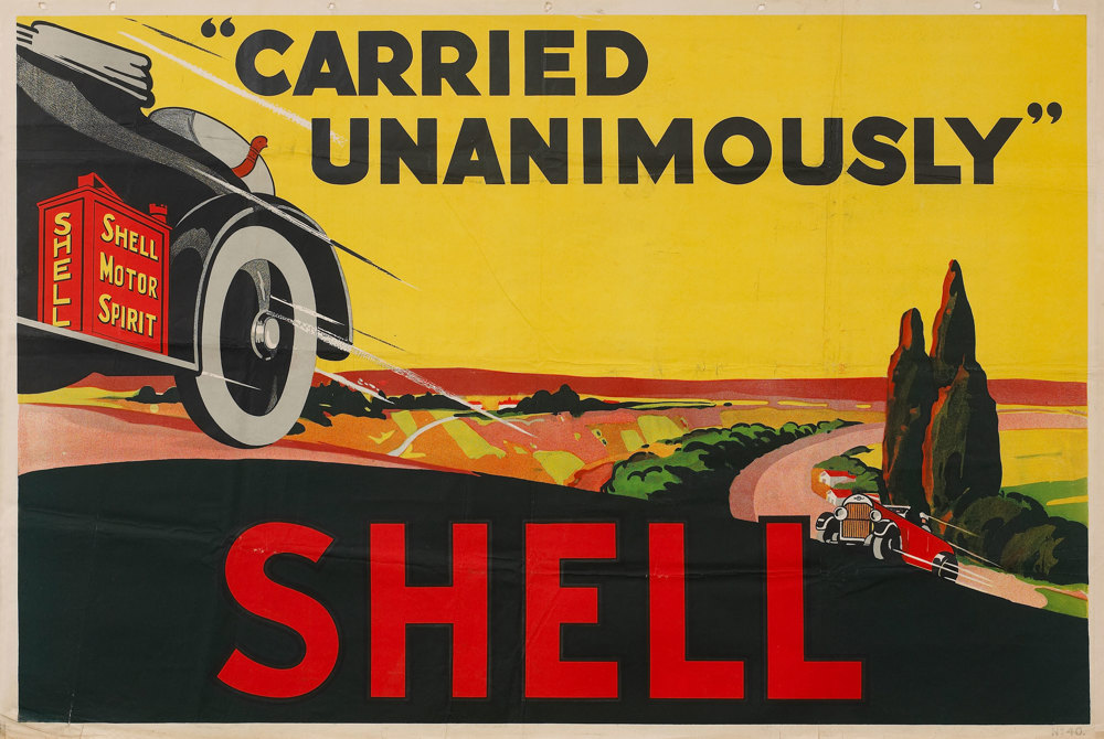 Shell poster number 40, Carried Unanimously (1923) by Shell Studio. Poster shows speeding cars carrying cans of Shell petrol.