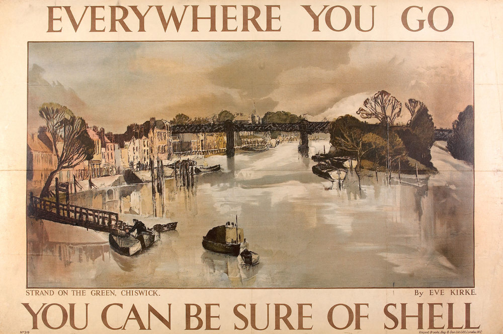 Shell poster number 319, Strand on the Green, Chiswick by Eve Kirke. Landscape painting of the River Thames, running through the Strand on the Green at Chiswick with the bridge in the background.