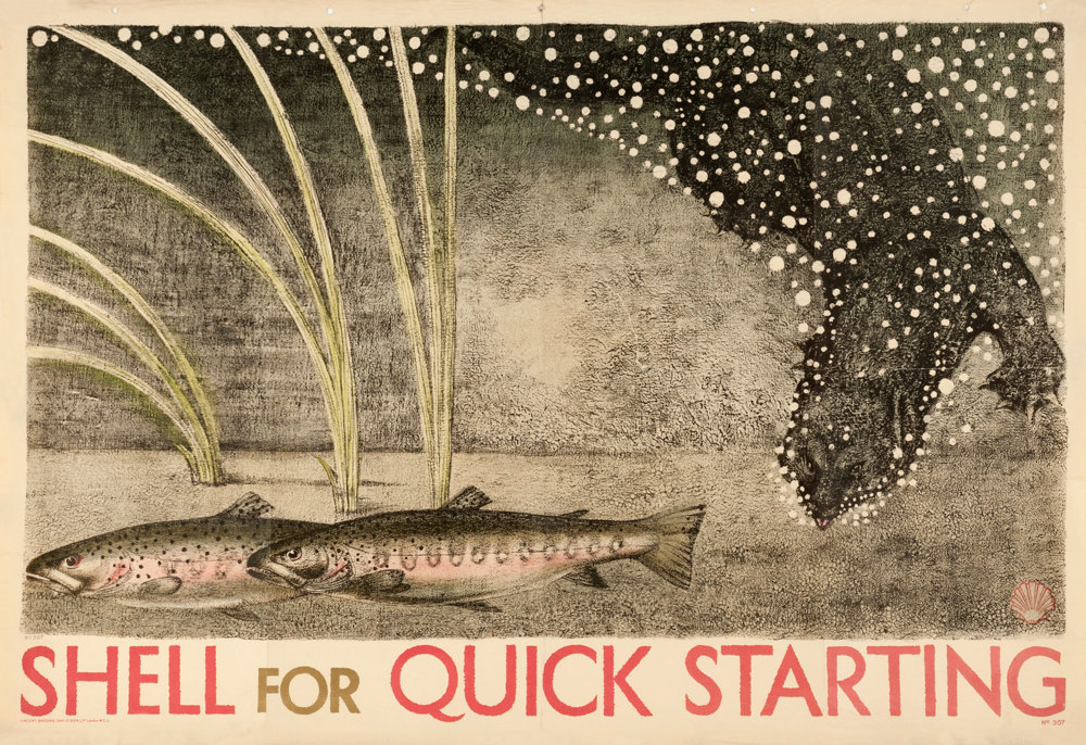 Shell poster number 307, Fish and Otter by Kennedy S. North. Drawing of an otter diving down into water towards two fish. He is surrounded by bubbles and underwater reeds are shown in the background.