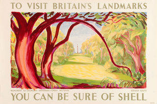 Shell poster number 458, Monument to George III, Savernake Forest, Wiltshire, by Szegedi Szuts. Painting of the George III monument (also known as the Ailesbury Column) in the distance, with a corridor of trees leading up to it.